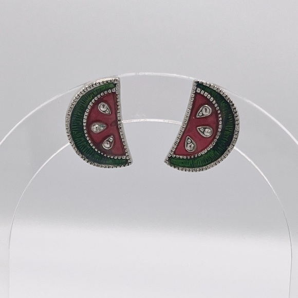 Vintage Avon Watermelon Slice Post Earrings Red Green Enamel Silver Tone Reto - Picture 1 of 11